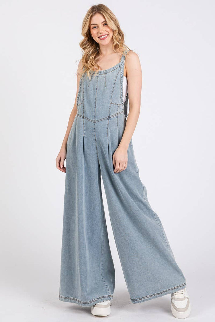 Wide Leg Denim Overall Jumpsuit