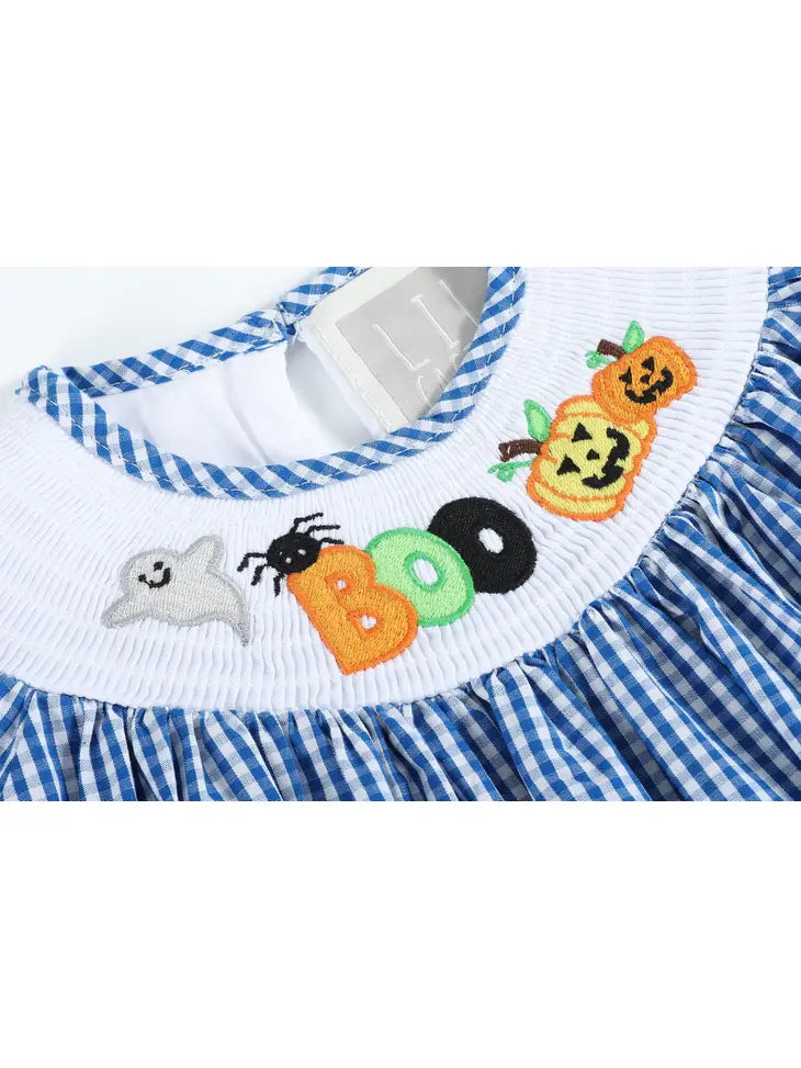 Blue Gingham Halloween Boo Smocked Bishop Dress