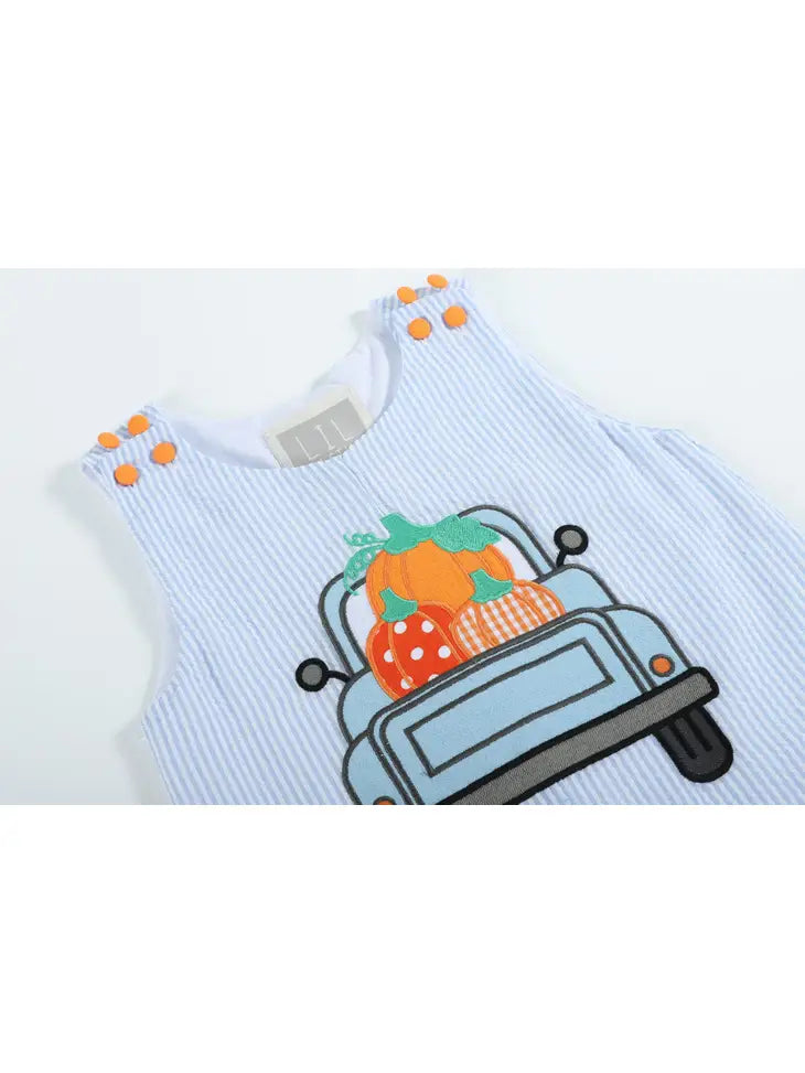 Blue Seersucker Pumpkin Truck Overalls