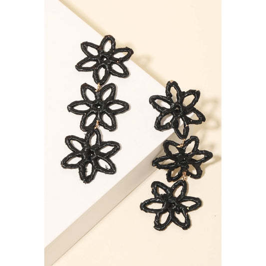 Raffia Wrap Flower Chain Dangle Earrings Black ONE LEFT