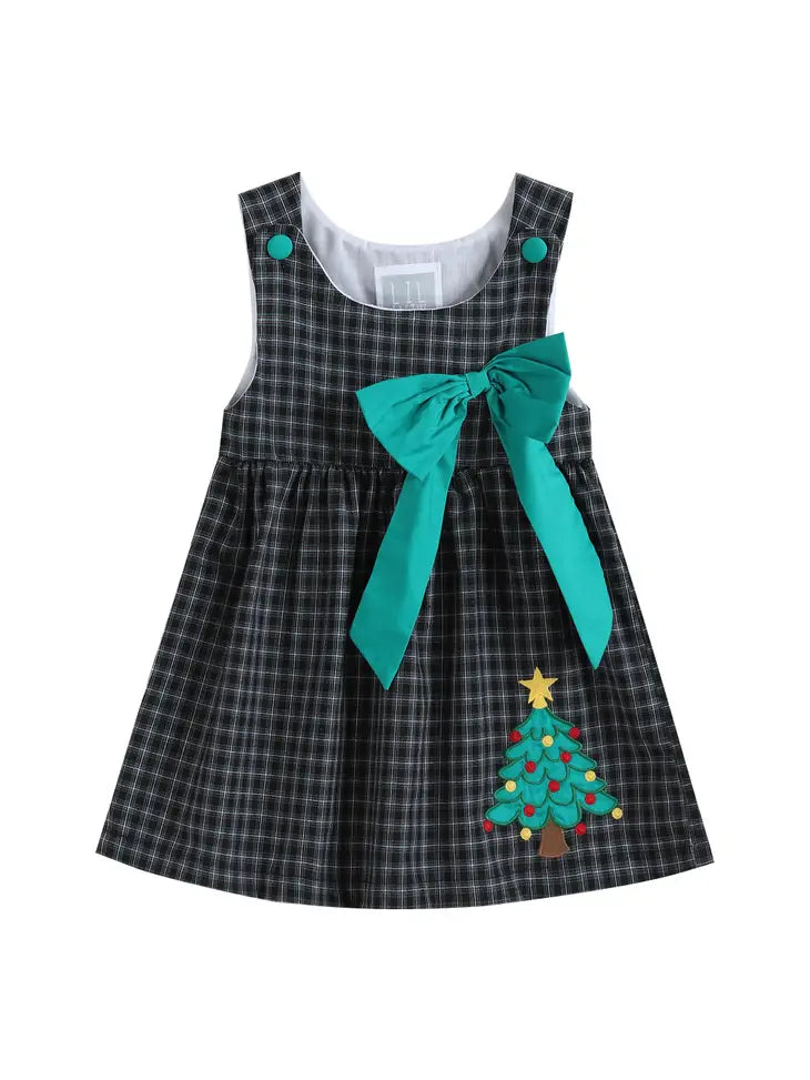 Black Checkered Christmas Tree Baby Dress with Bow