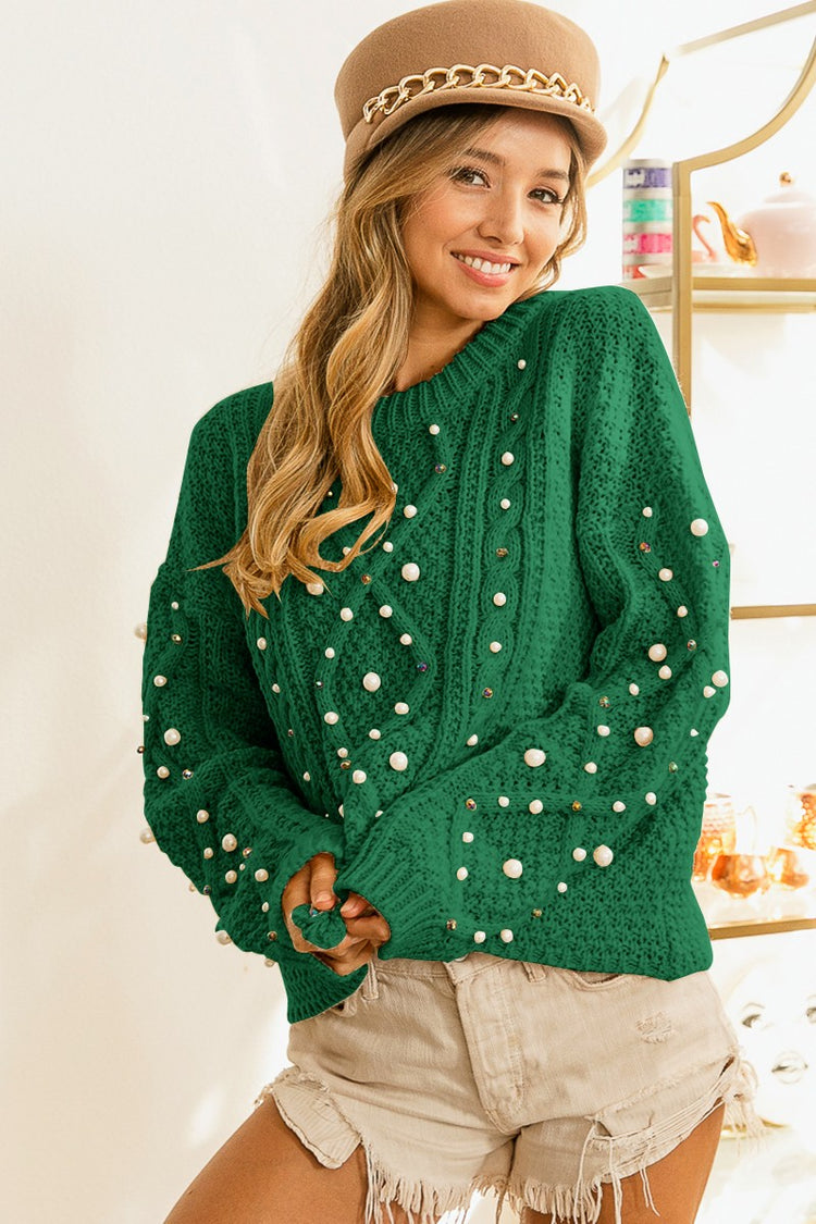 Pearl Beaded Cable Knit Sweater-Green