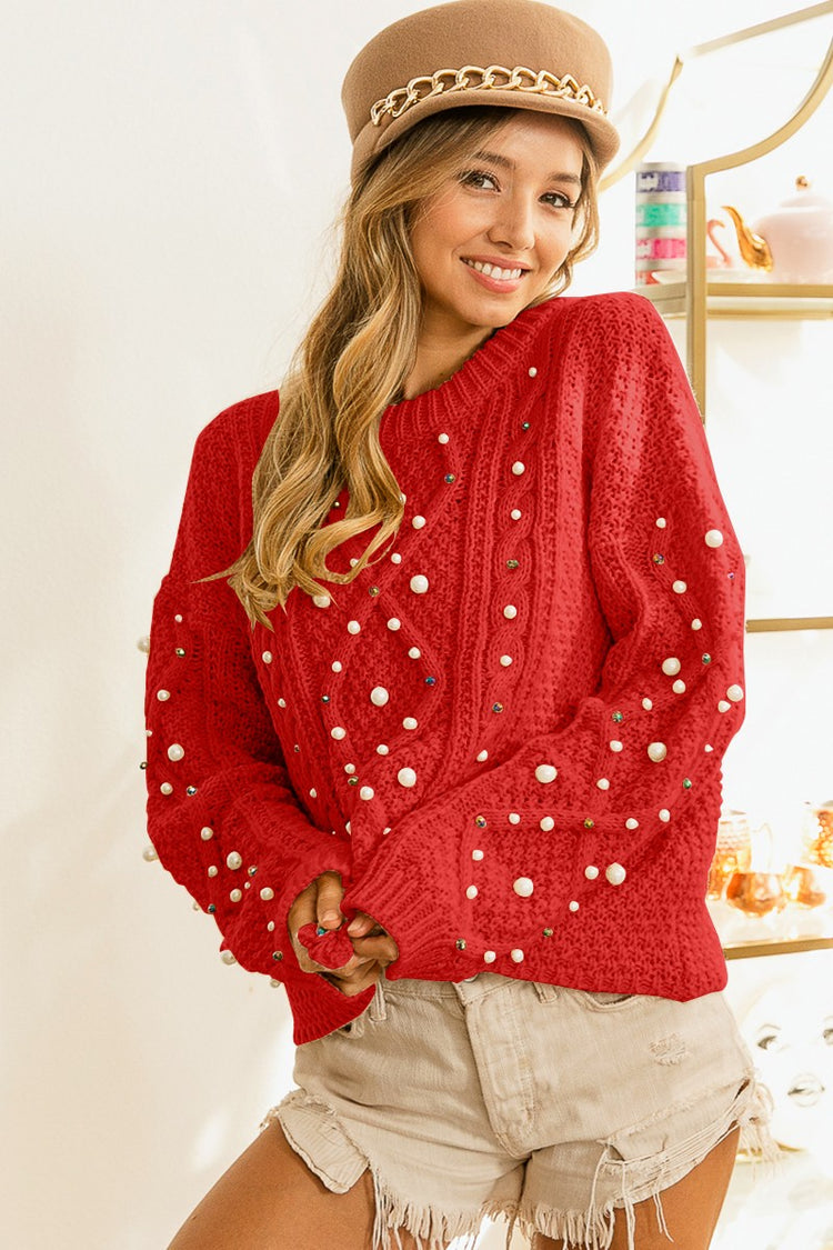 Pearl Beaded Cable Knit Sweater-Red