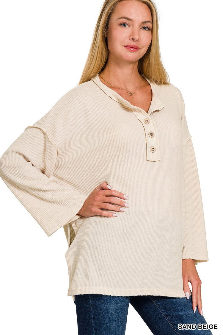 Ribbed Brushed Henley Sweater/Beige