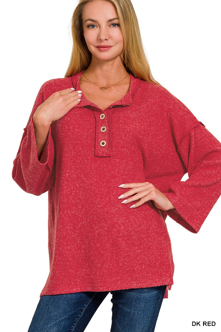 Ribbed Brushed Henley Sweater/Red