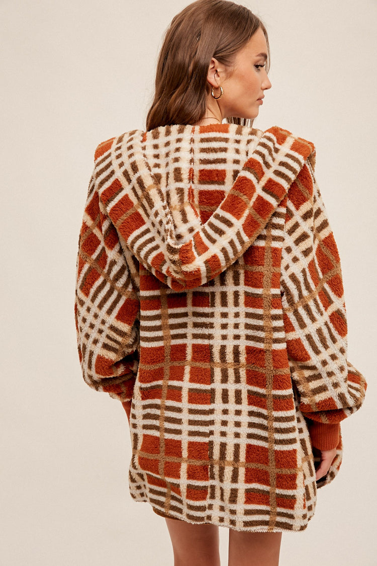 Checked Fur Oversized Hoodie Jacket/Rust
