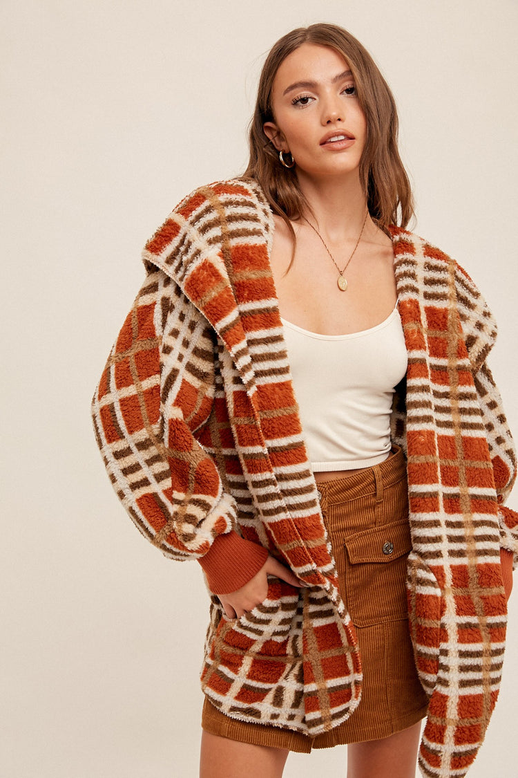 Checked Fur Oversized Hoodie Jacket/Rust