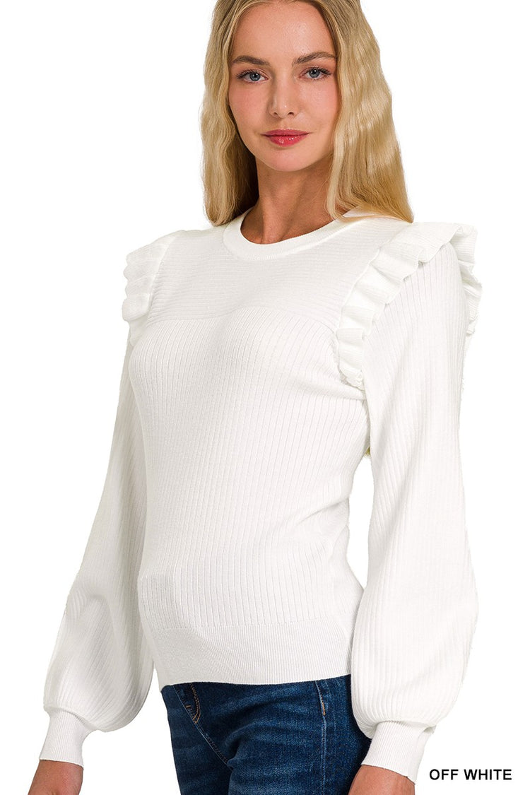 Ruffle Trim Sweater/White