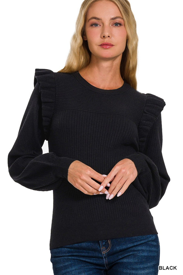 Ruffle Trim Sweater/Black