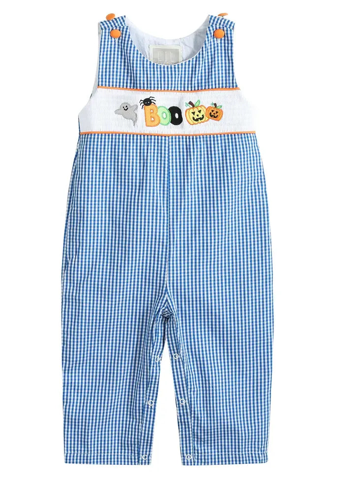 Blue Gingham Halloween Boo Smocked Overalls