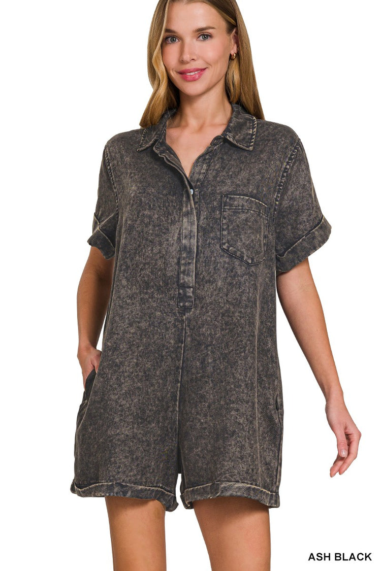 Mineral Washed Button Romper