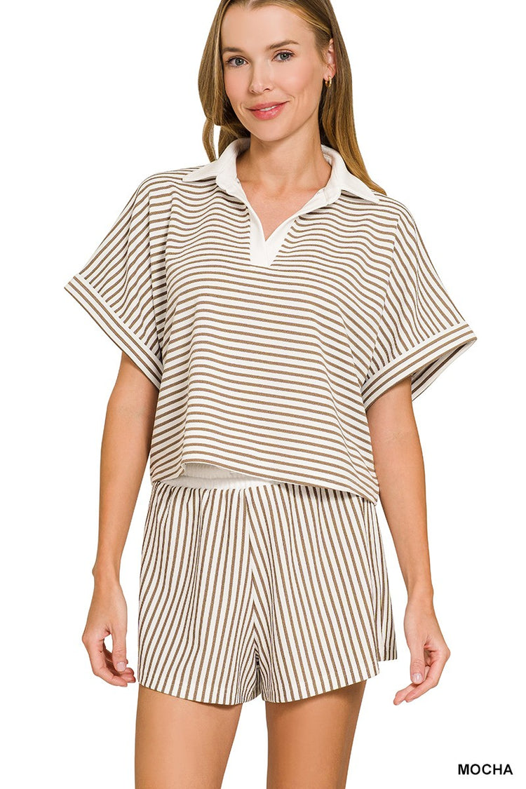 Striped Collared Top & Shorts Set Mocha