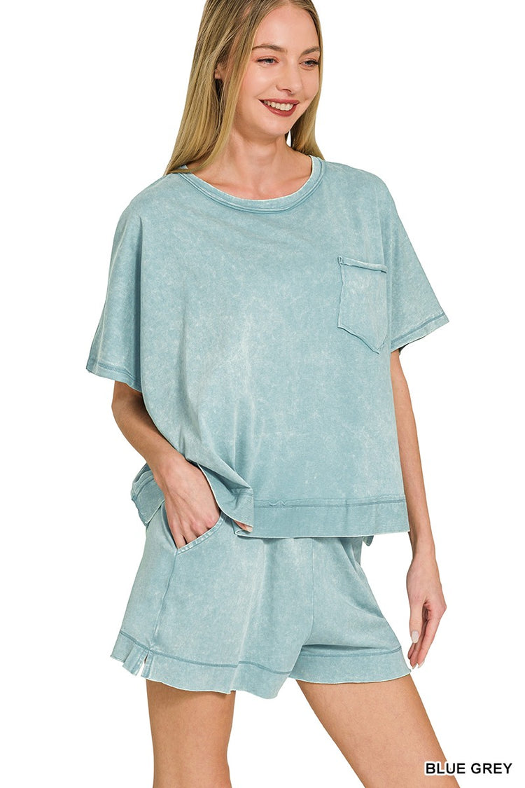 Acid Washed Oversized Top & Shorts Set Blue Grey