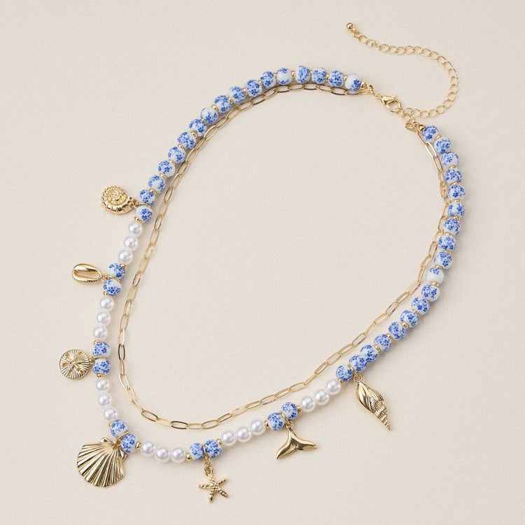 Blue Seaside Charm Layered Bead Necklace