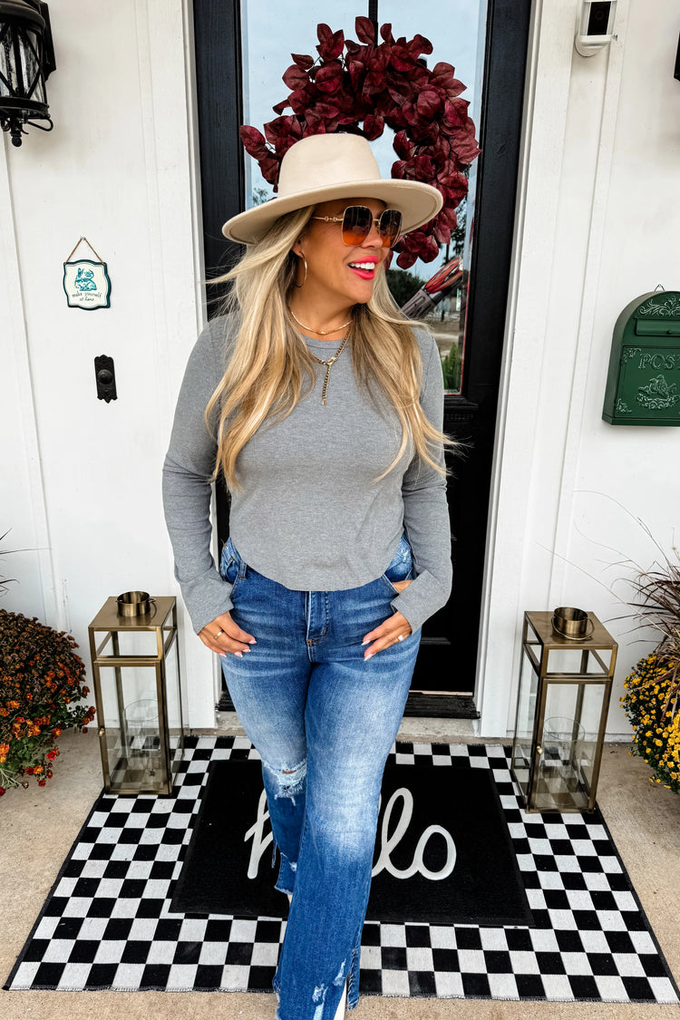 Elena Curve Ribbed Top Grey