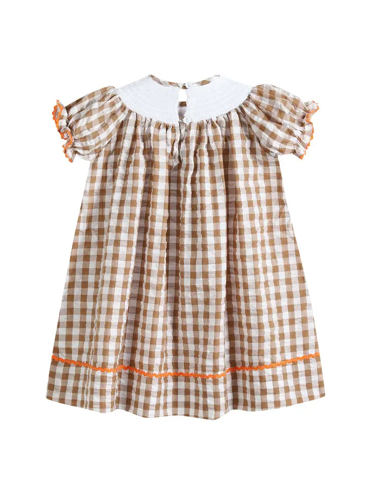 Light Brown Gingham Pumpkin Turkey Smocked Bishop Dress