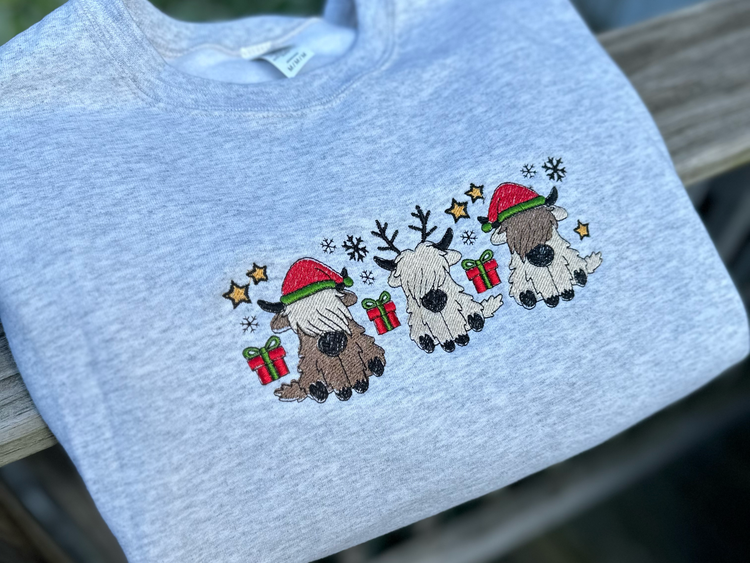 Christmas Highland Cows Embroidered Crewneck ONE LARGE LEFT