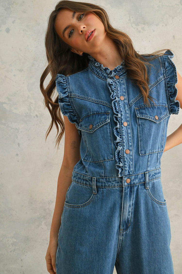 Denim Utility Jumpsuit with Ruffled Detail
