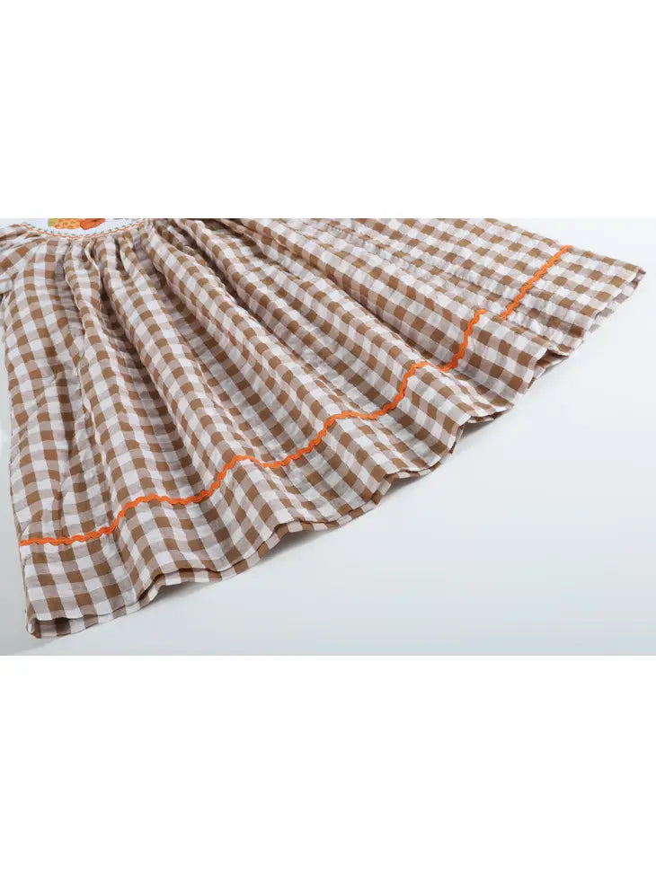 Light Brown Gingham Pumpkin Turkey Smocked Bishop Dress