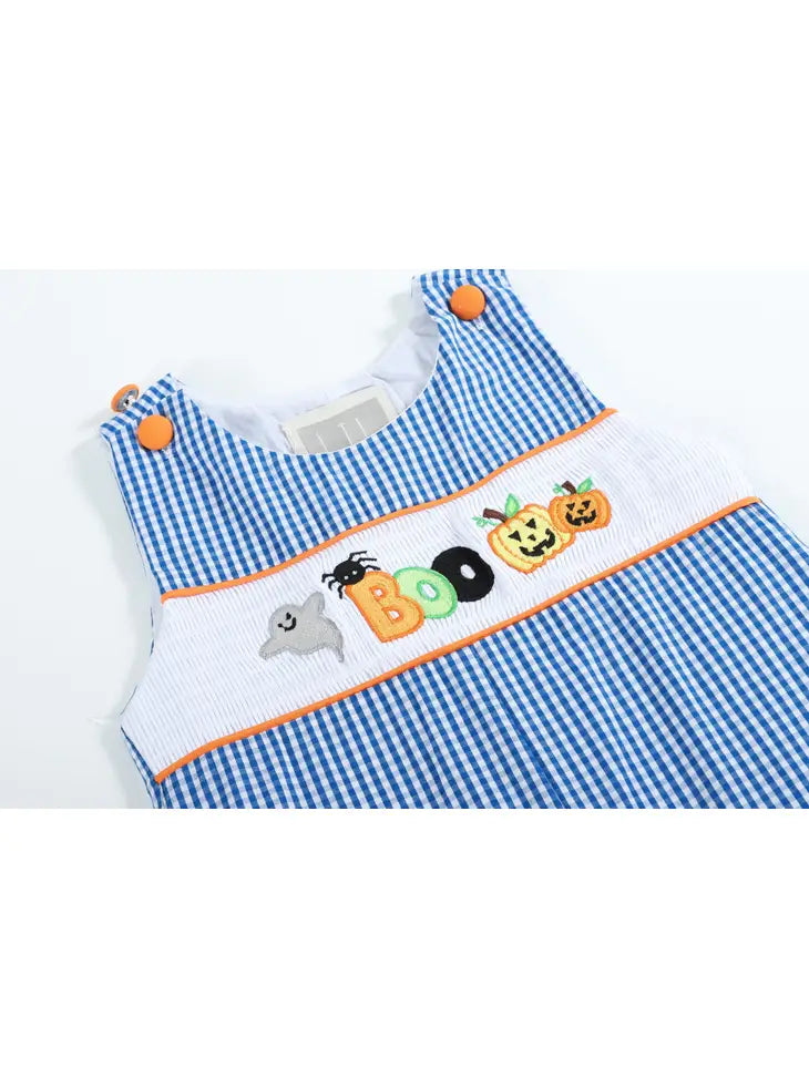 Blue Gingham Halloween Boo Smocked Overalls