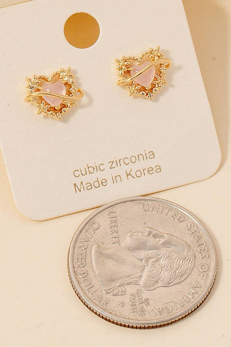 Intricate Metallic Set Halo Cz Heart Stud Earrings