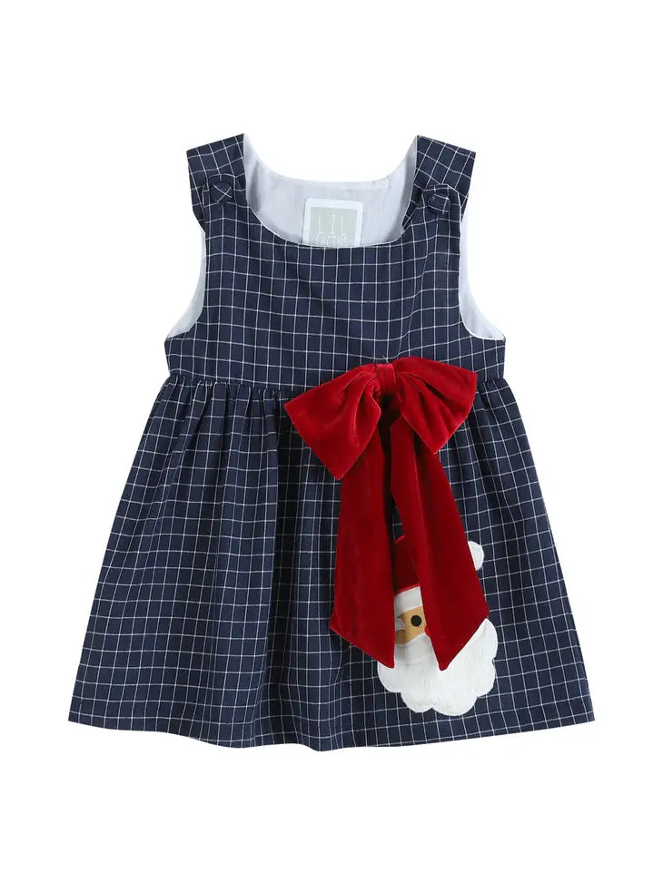 Blue Tweed Plaid Santa Dress with Big Bow