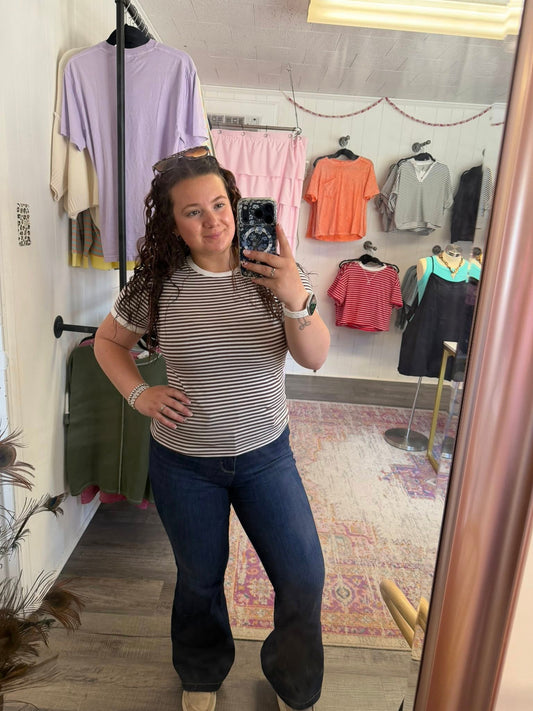 Striped Contrast Trim Rib Banded Tee Brown