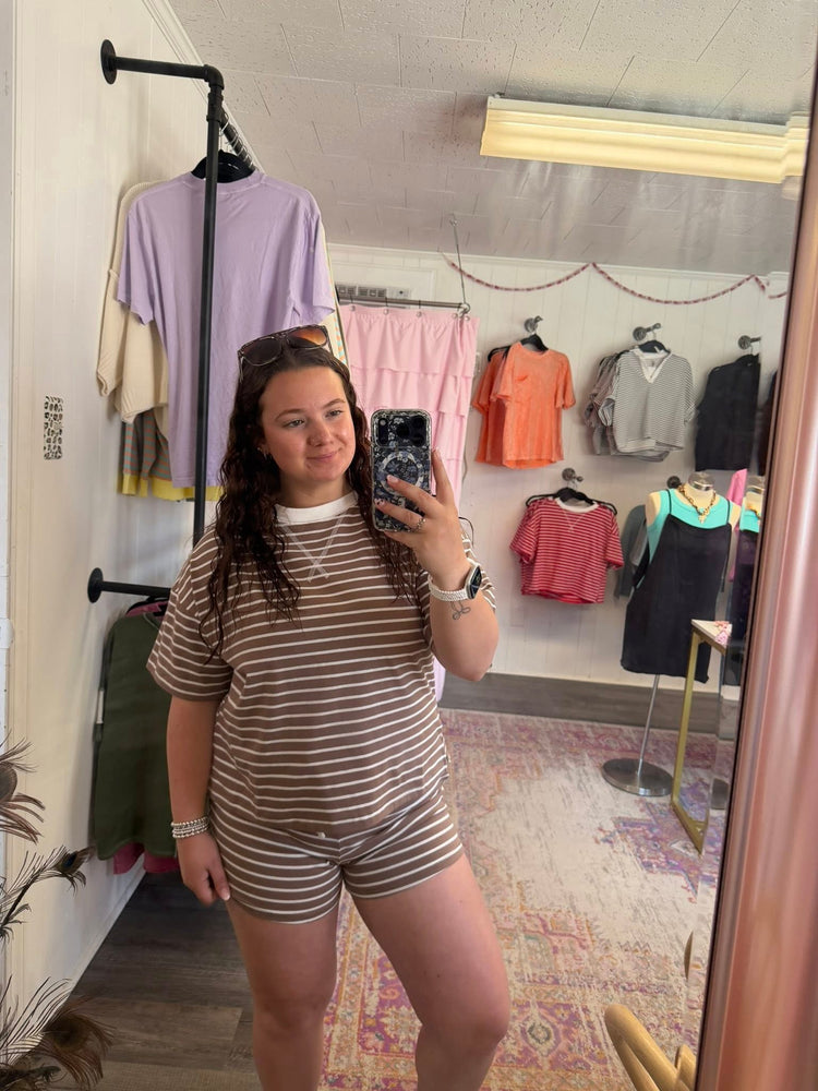 Striped Round Neck Tee & Shorts Set Mocha ONE MEDIUM LEFT
