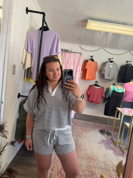 Striped Collared Top & Shorts Set Navy
