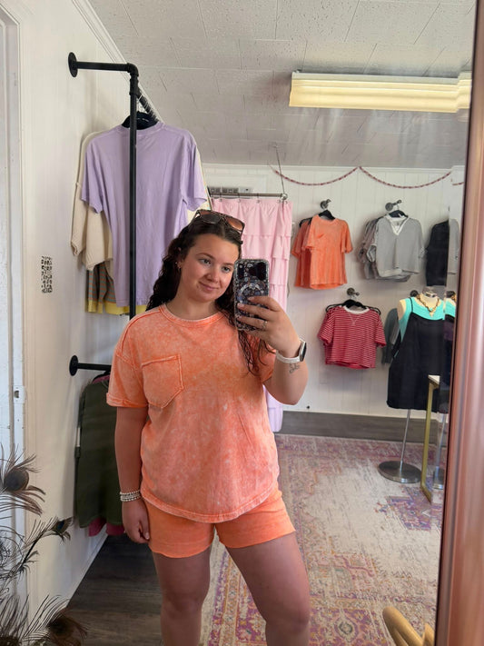 Halo Snow Washed Exposed Seam Top & Shorts Set Orange