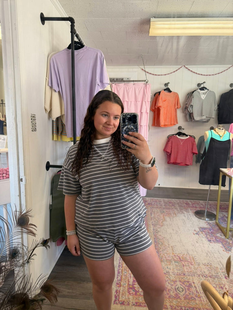 Striped Round Neck Tee & Shorts Set Charcoal