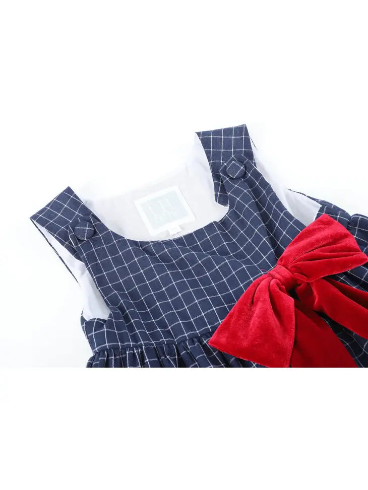 Blue Tweed Plaid Santa Dress with Big Bow