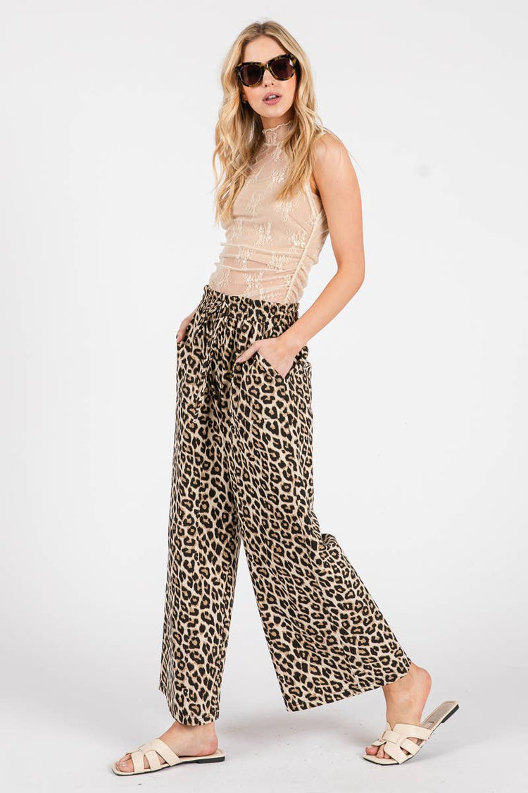 Washed Leopard Print Wide Leg Pants