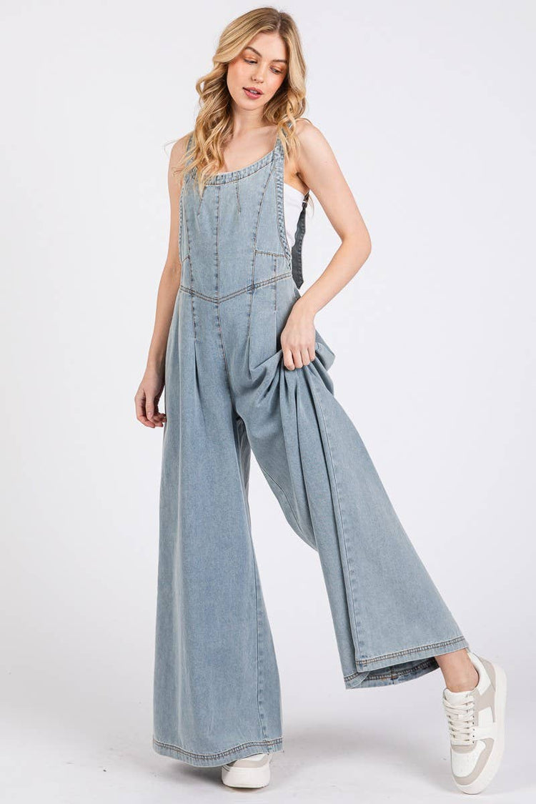 Wide Leg Denim Overall Jumpsuit