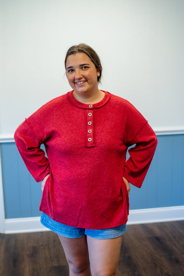 Ribbed Brushed Henley Sweater/Red