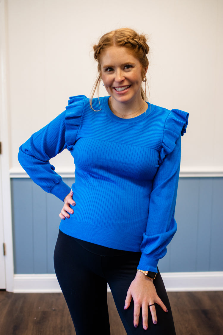Ruffle Trim Sweater/Blue