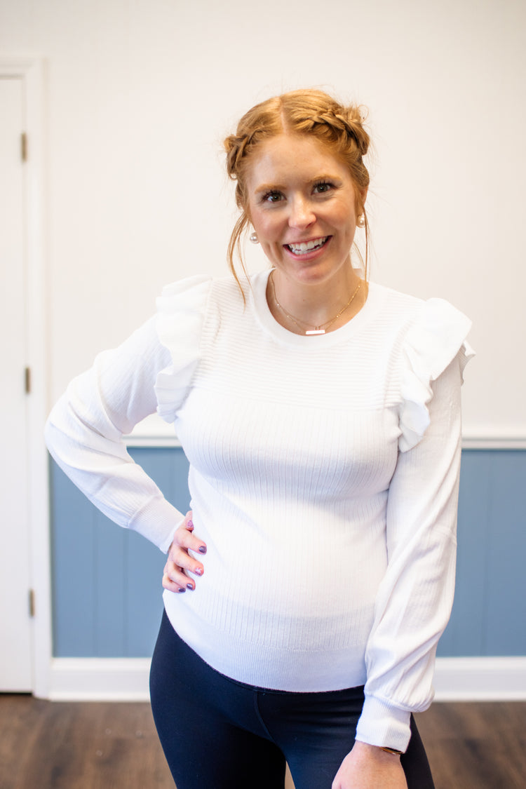 Ruffle Trim Sweater/White