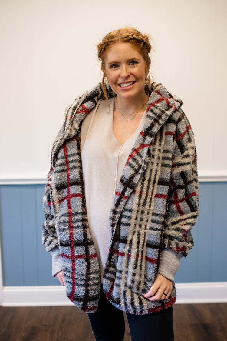 Checked Fur Oversized Hoodie Jacket/Grey