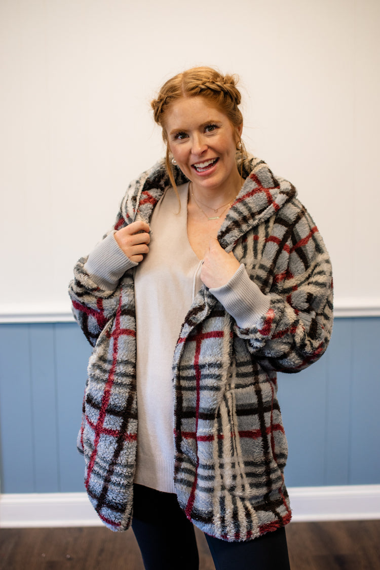 Checked Fur Oversized Hoodie Jacket/Grey