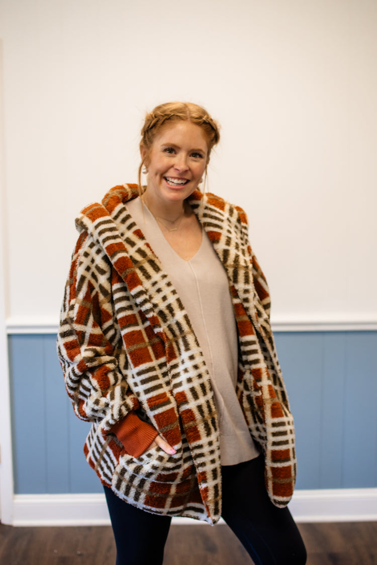 Checked Fur Oversized Hoodie Jacket/Rust