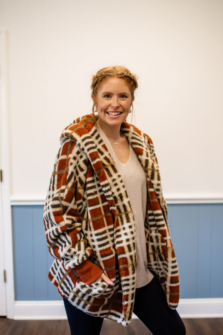 Checked Fur Oversized Hoodie Jacket/Rust
