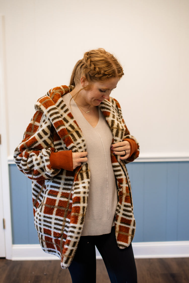 Checked Fur Oversized Hoodie Jacket/Rust