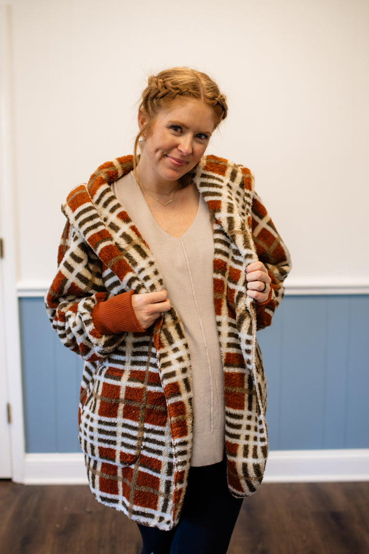 Checked Fur Oversized Hoodie Jacket/Rust