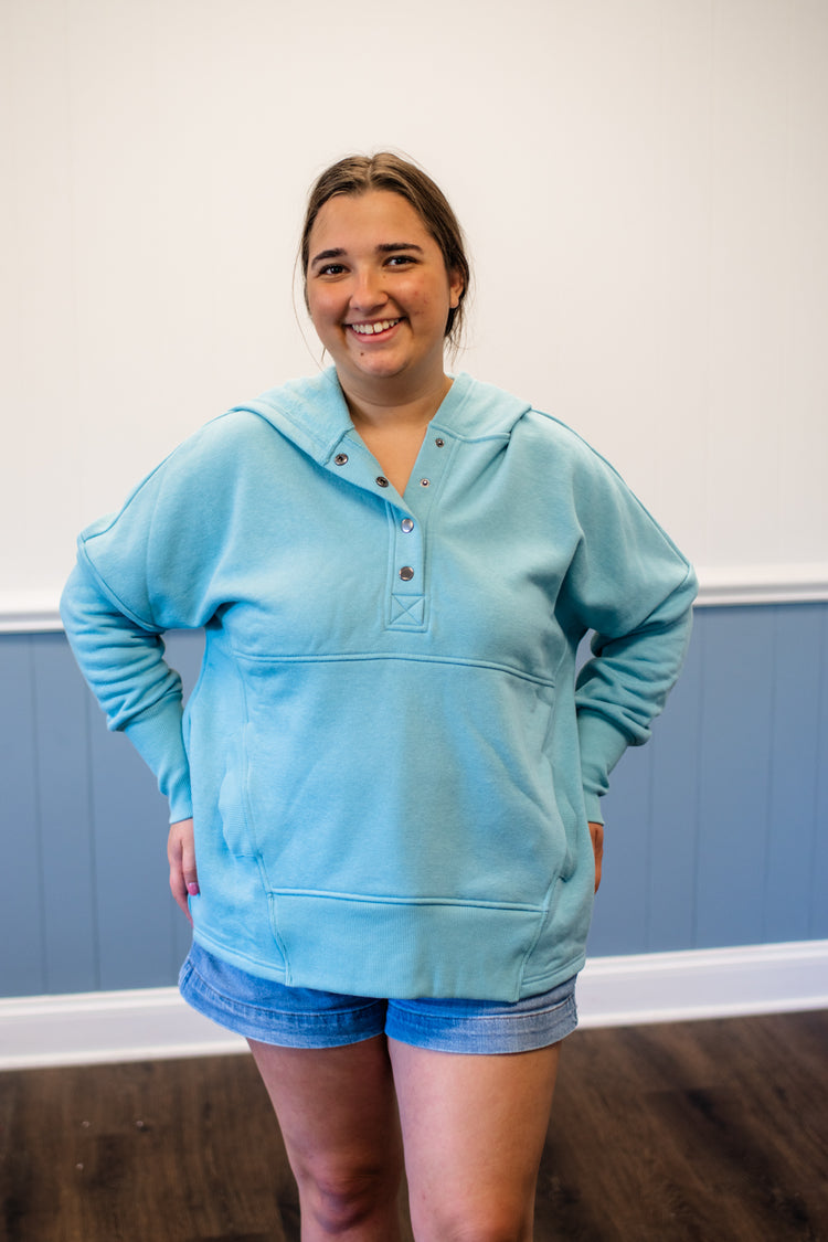 Half Button Hooded Pullover/Teal