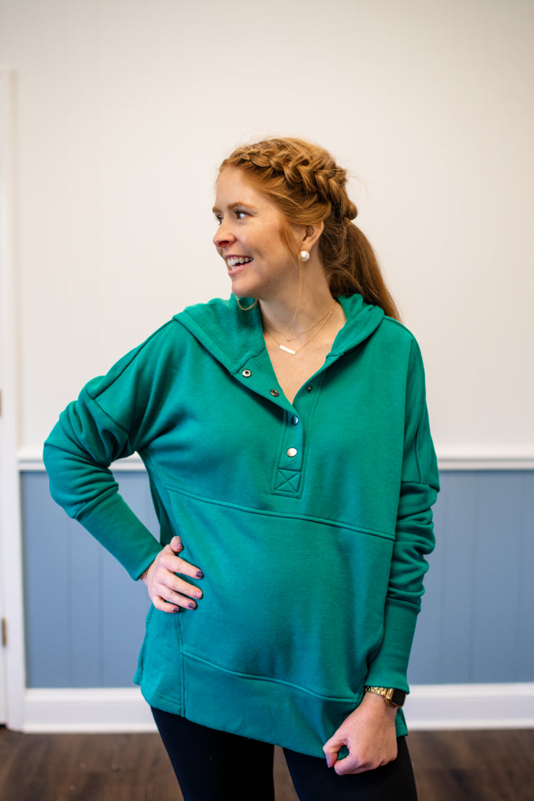 Half Button Hooded Pullover/Green