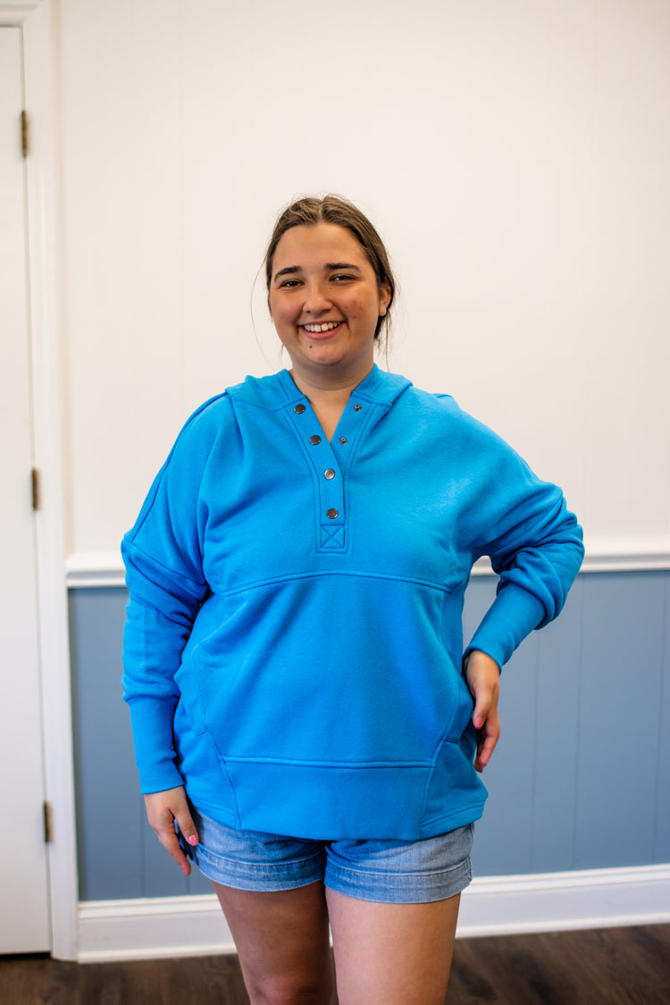 Half Button Hooded Pullover/Blue