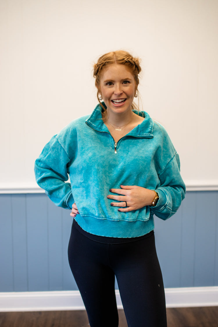 Acid Wash Fleece Pullover/Teal