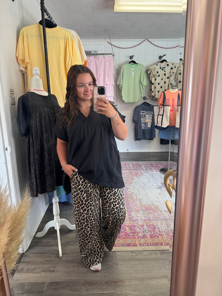 Washed Leopard Print Wide Leg Pants
