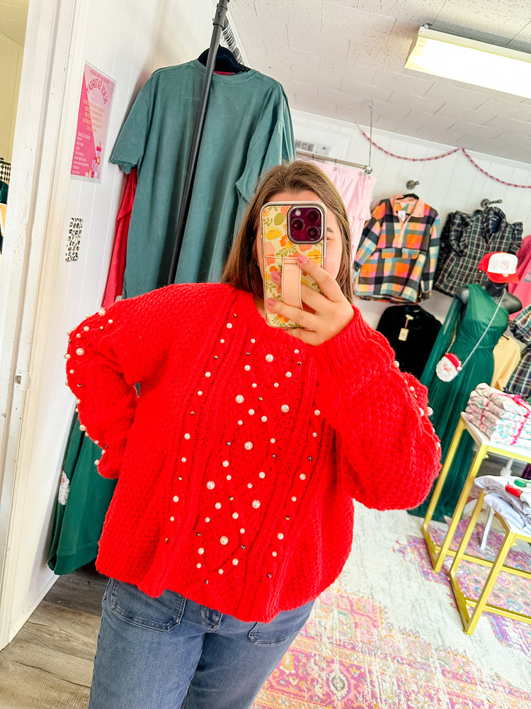 Pearl Beaded Cable Knit Sweater-Red
