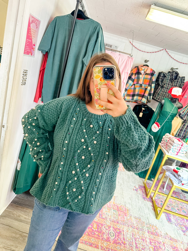 Pearl Beaded Cable Knit Sweater-Green
